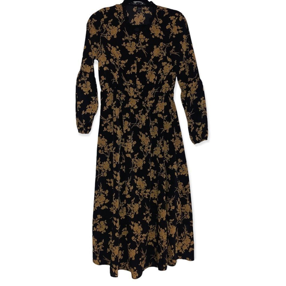 Black & Gold Floral Midi Long Sleeve Dress